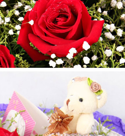 一辈子爱你：11枝红玫瑰+1只小熊